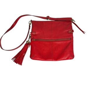 LUCKY BRAND RED LEATHER CROSSBODY TASSELS REMOVABLE STRAP HANDBAG